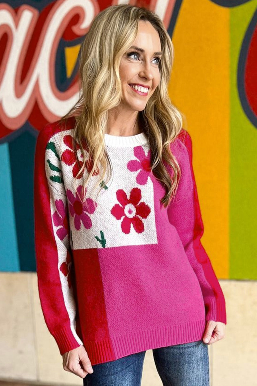 Rose Red Floral Mixed Color Block Sweater