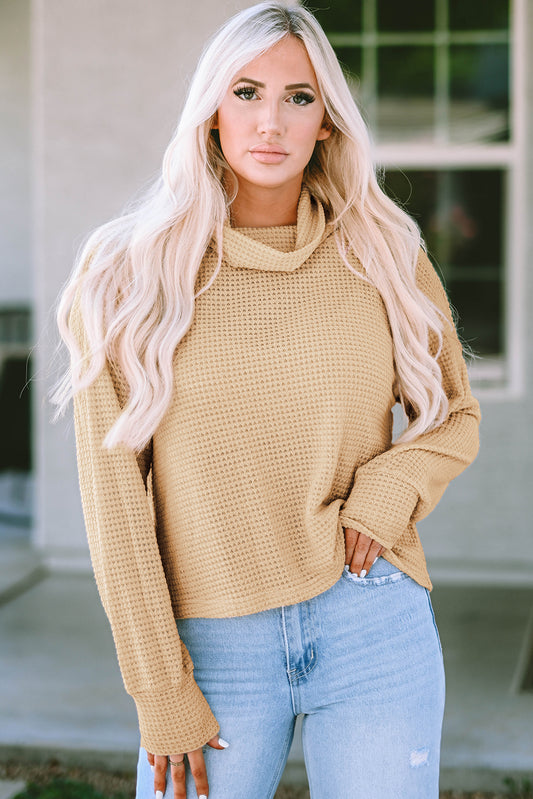 Apricot Solid Waffle Knit Turtleneck Long Sleeve Top