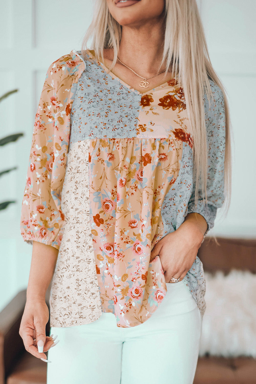 Multicolor V Neck Mixed Floral Babydoll Top