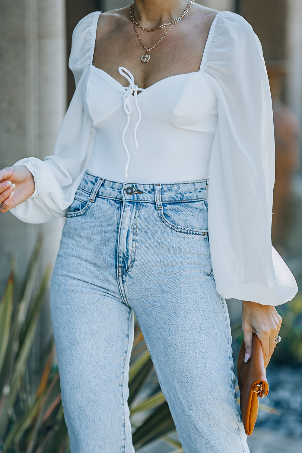 White Criss Cross Backless Puff Sleeve Bodysuit