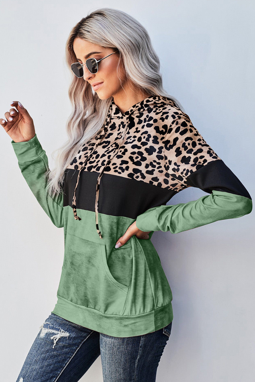 Green Leopard Tie Dye Colorblock Hoodie