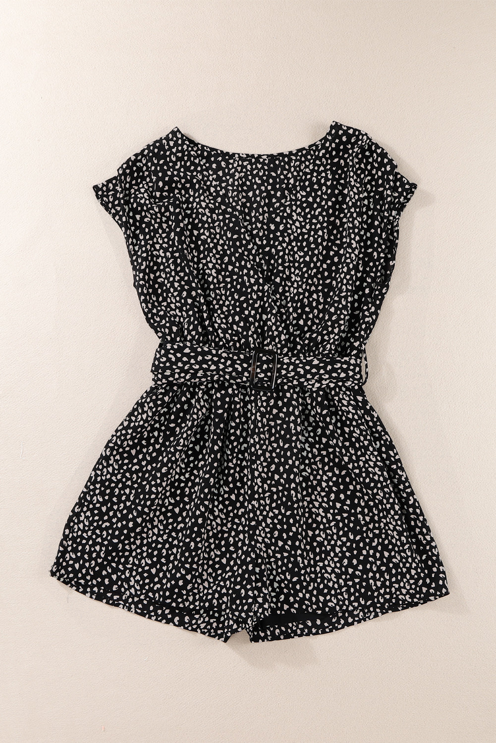 Black Leopard Print Belted V Neck Short Sleeve Romper