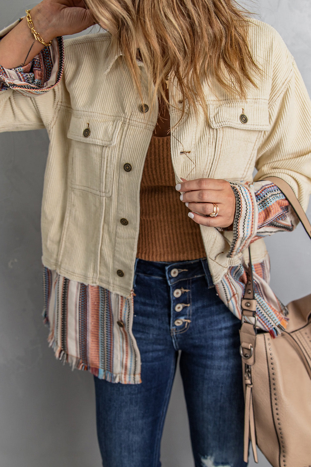 Button Up Pockets Striped Color Block Corduroy Jacket