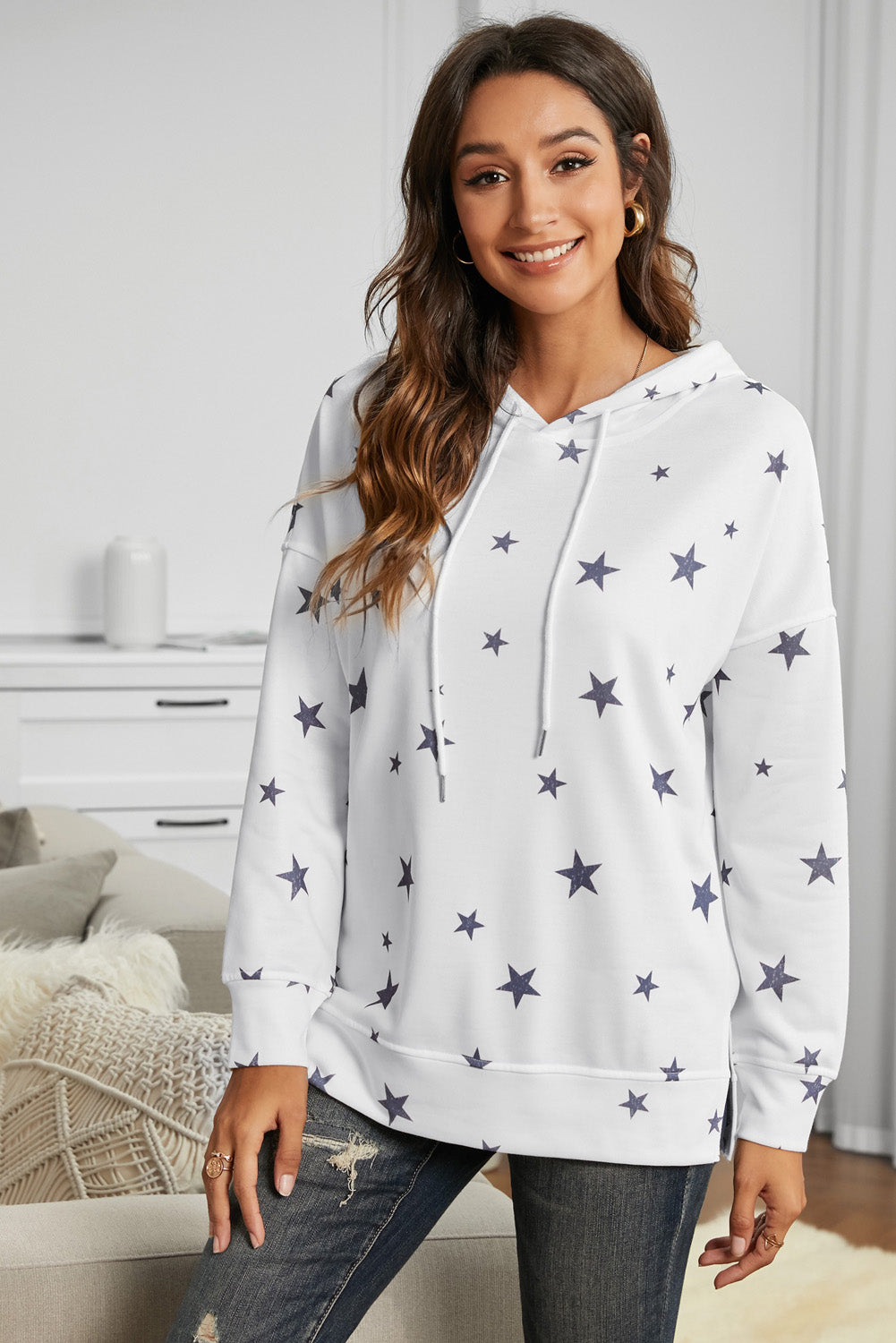 White Star Print Hoodie with Side Slits