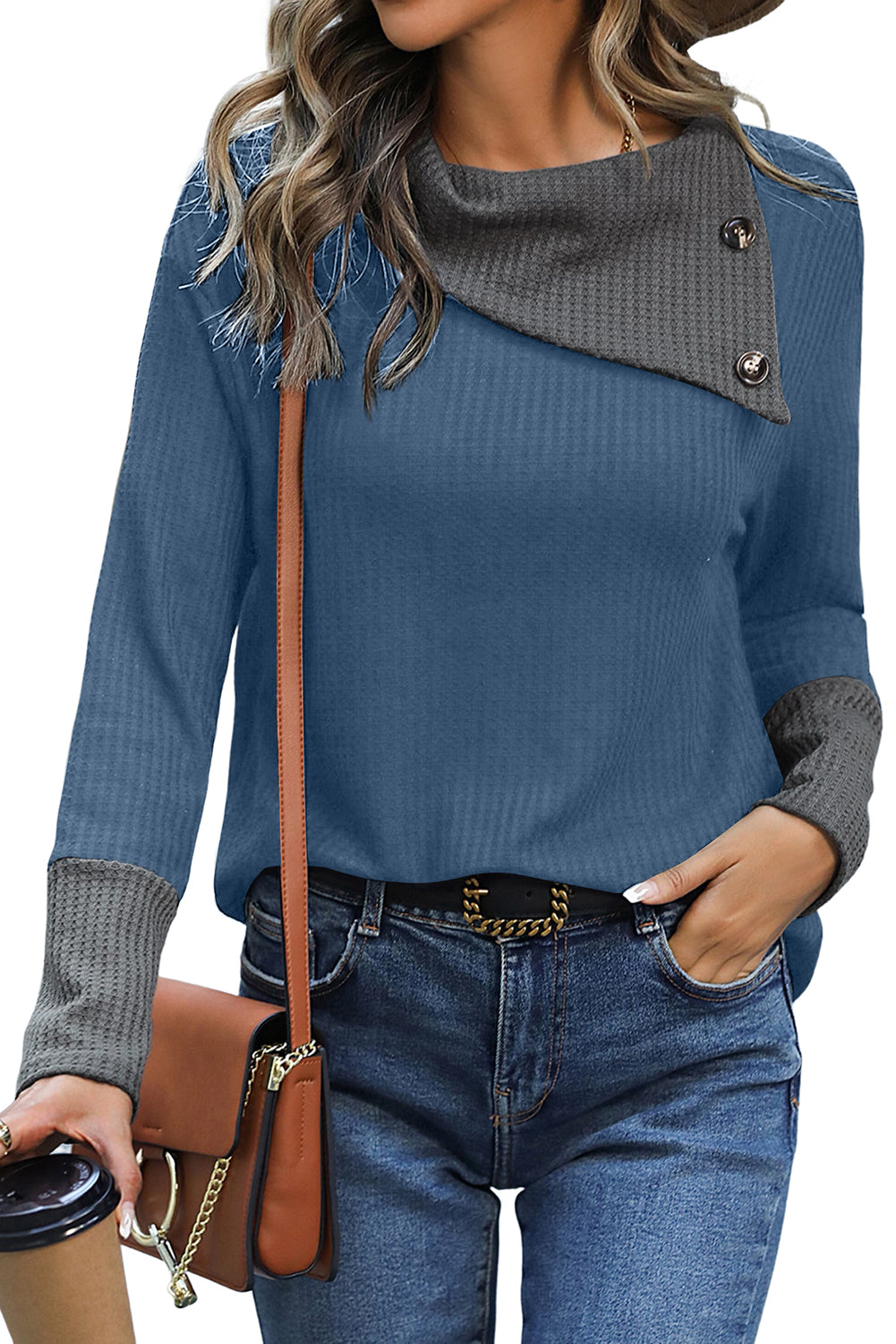 Sail Blue Waffle Knit Patchwork Colorblock Asymmetrical Neck Top