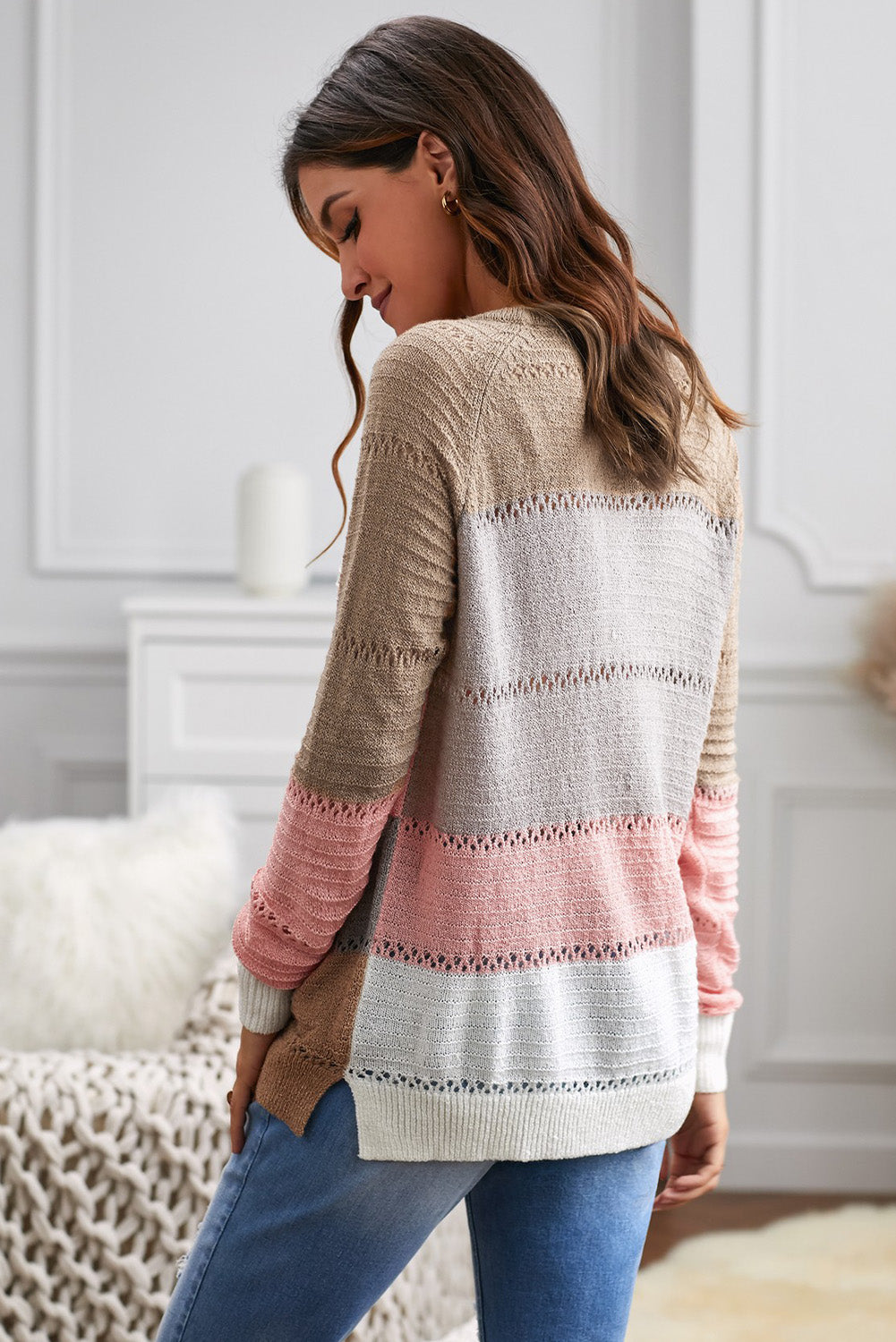 Multi-color Knitted Color Block Long Sleeve Crew Neck Sweater