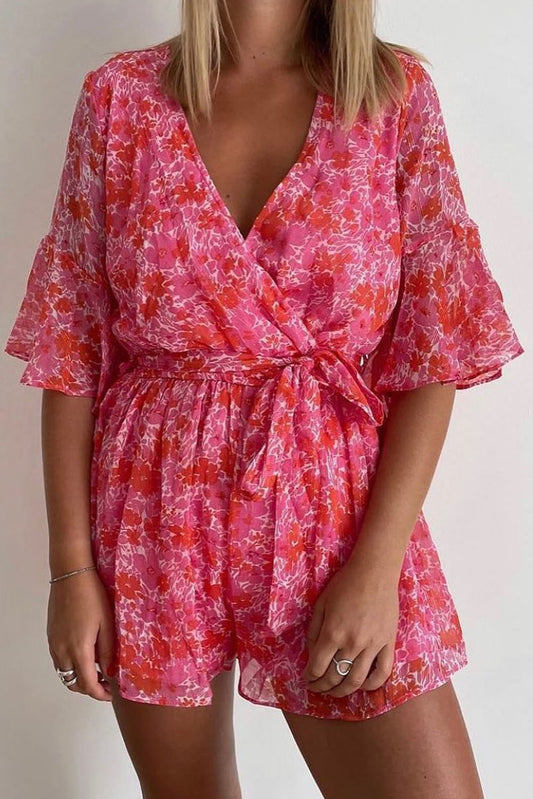 Pink V Neck Ruffled Sleeve Floral Romper