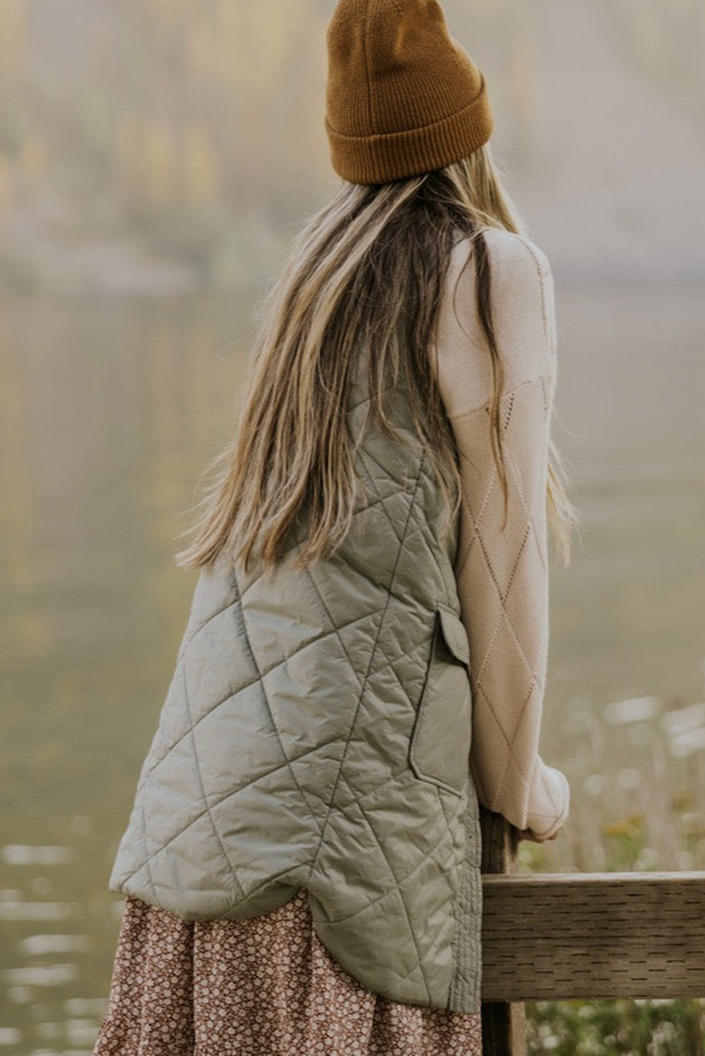 Grass Green Quilted Long Vest Jacket with Pockets