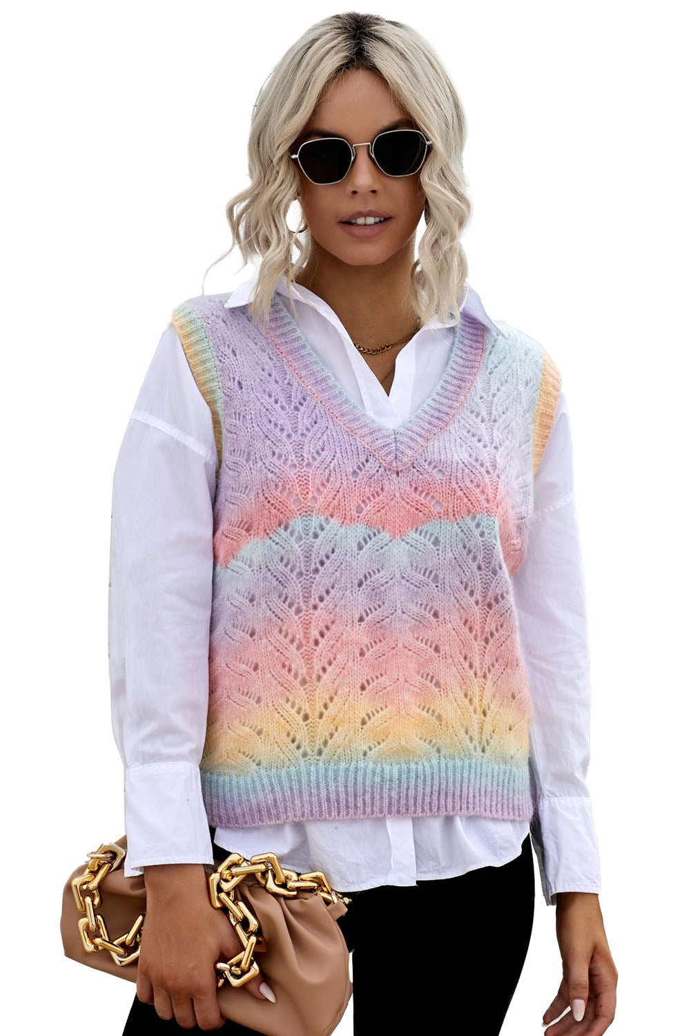 Multicolor V Neck Tie-dye Sweater Vest