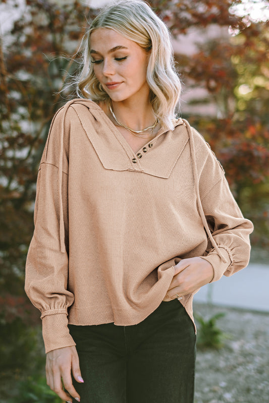 Khaki Buttoned V Neck Drawstring Knit Hoodie