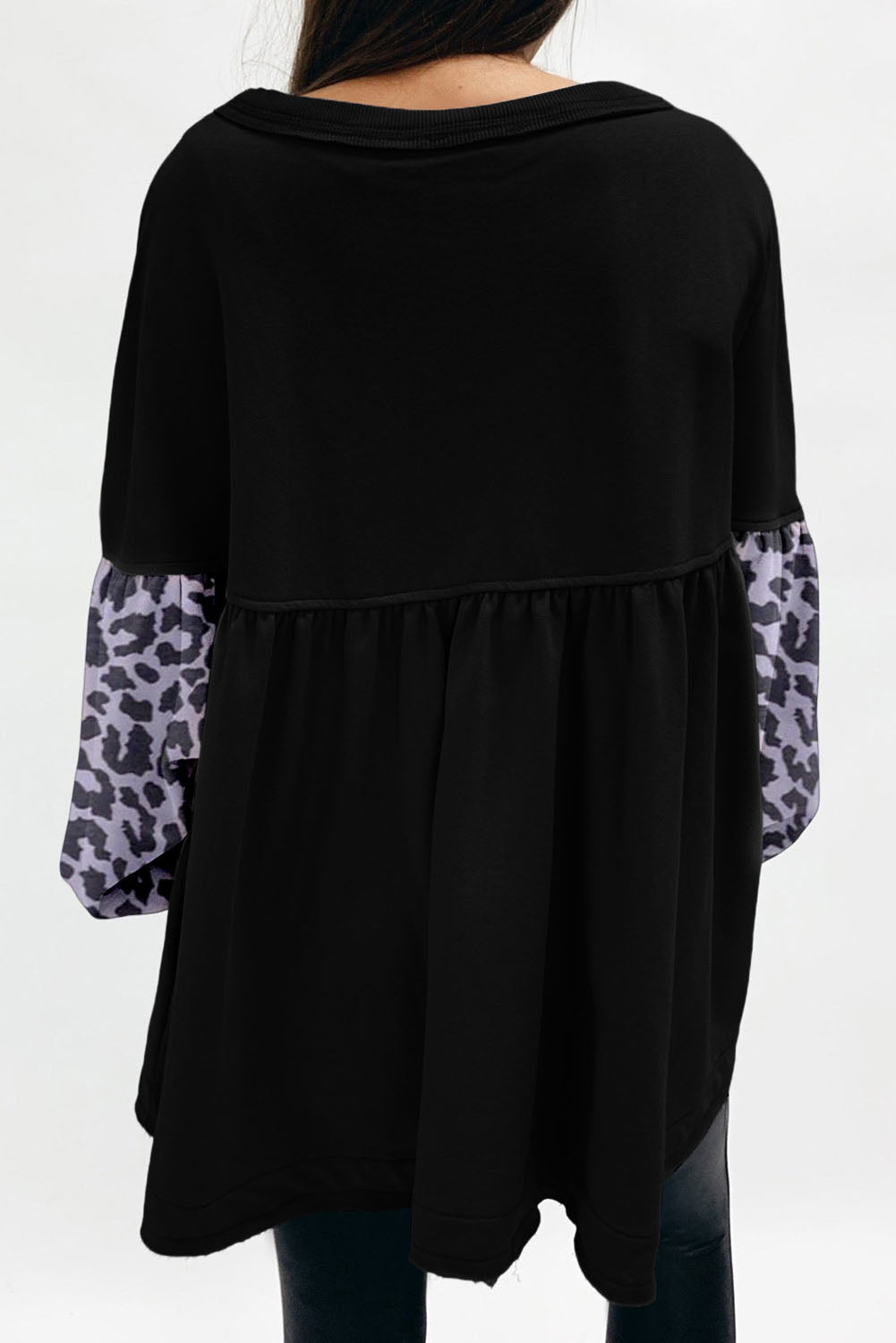 Black Leopard Splicing Sleeve Ruffle Loose Sweatshirt