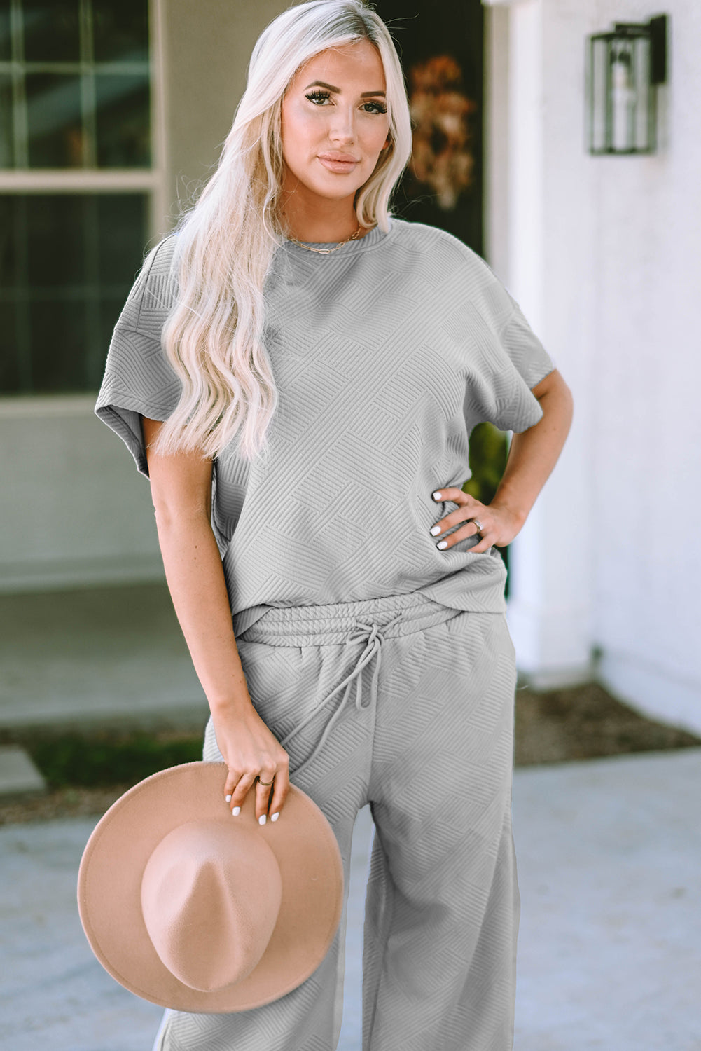 Gray Textured Loose Fit T Shirt and Drawstring Pants Set