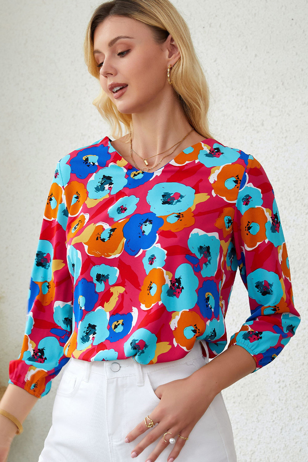 Rose Multicolor Floral Print V Neck 3/4 Sleeve Blouse – Emmeline's