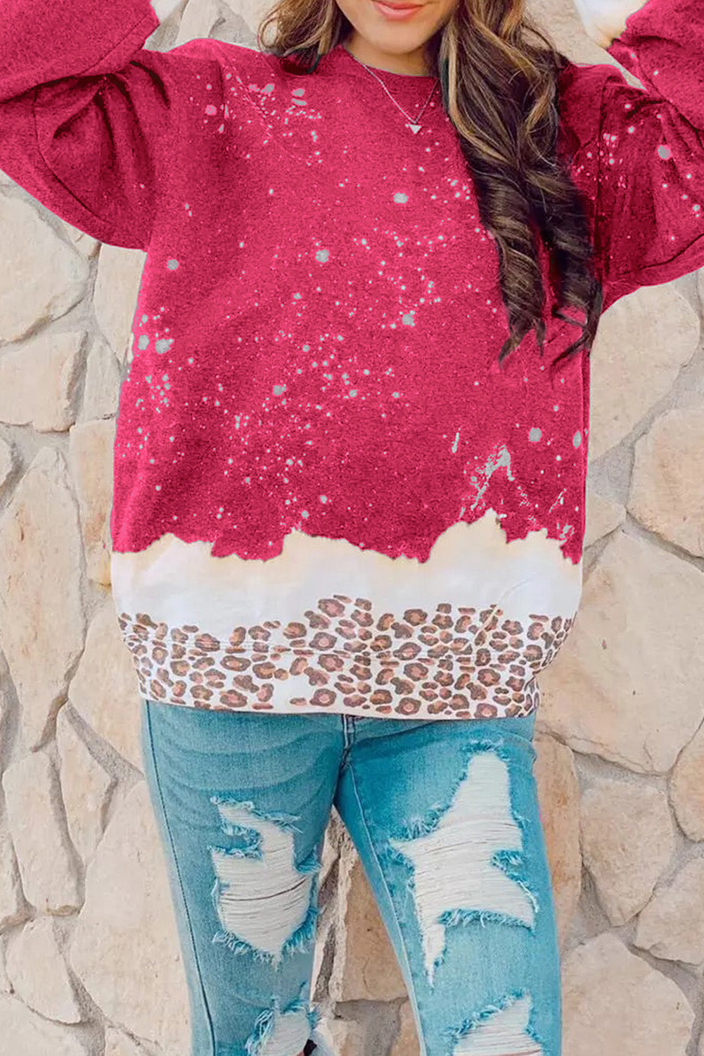 Fiery Red Leopard Bleached Pullover Sweatshirt