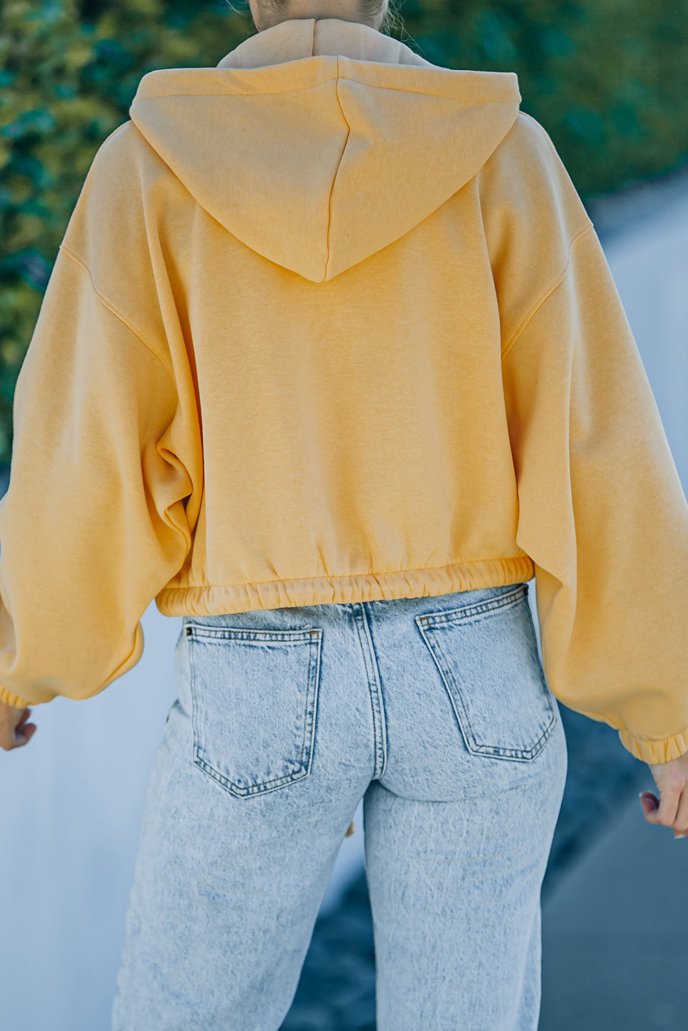 Yellow Zip Closure Drawstring Cinched Cropped Hoodie