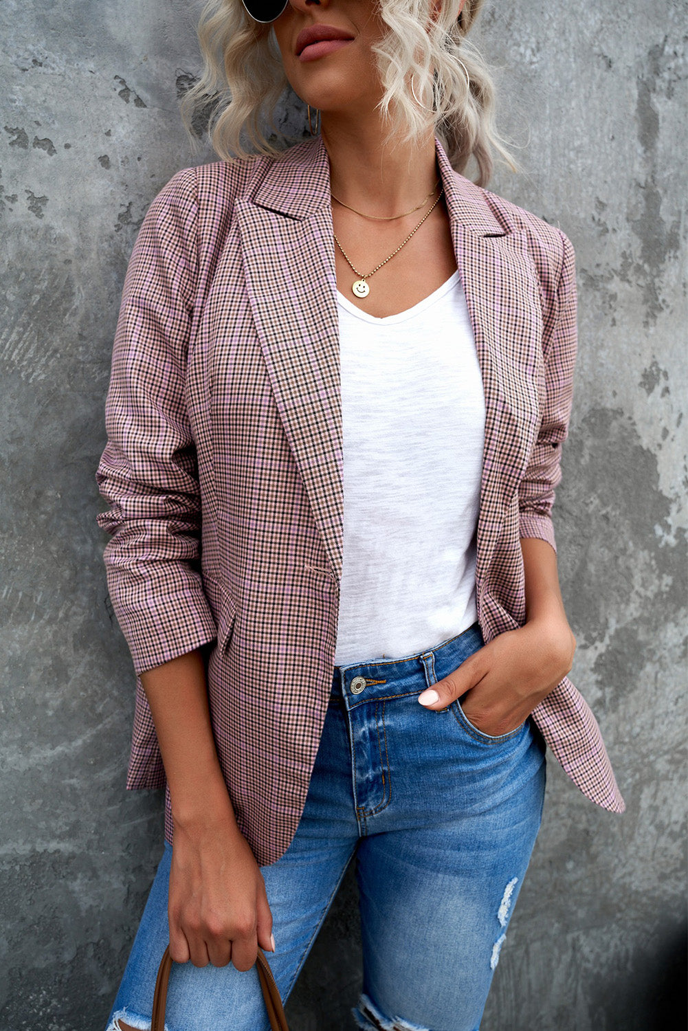 Plaid Print Lapel Collar Buttoned Blazer