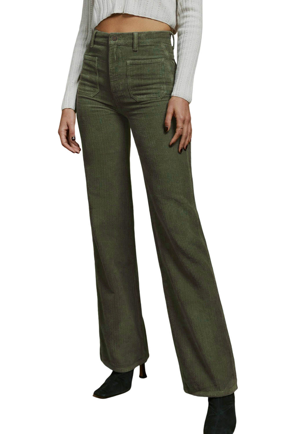 Green High Waist Square Pockets Corduroy Pants