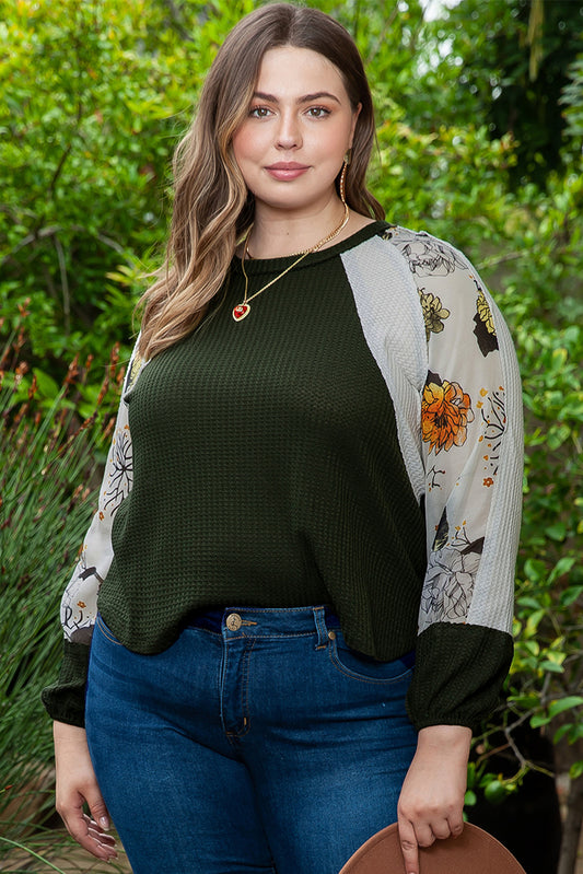 Green Plus Size Floral Raglan Colorblock Patchwork Knit Blouse