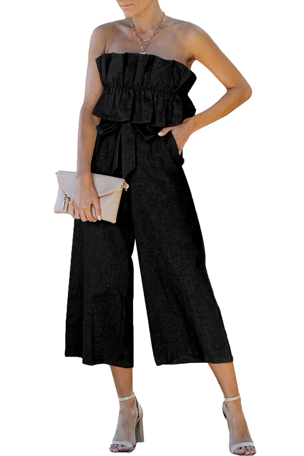 Black Ruffled Strapless Wide Leg Jumpsuit