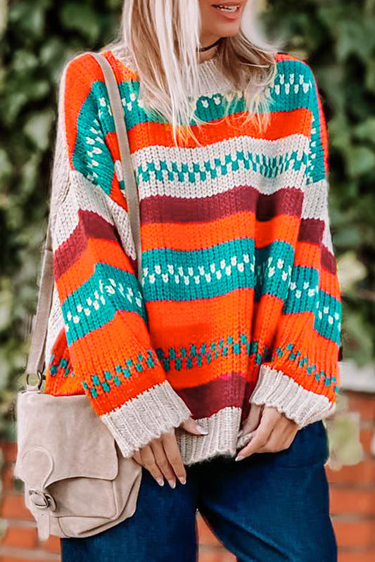 Multicolor Color Block Striped Loose Sleeve Sweater