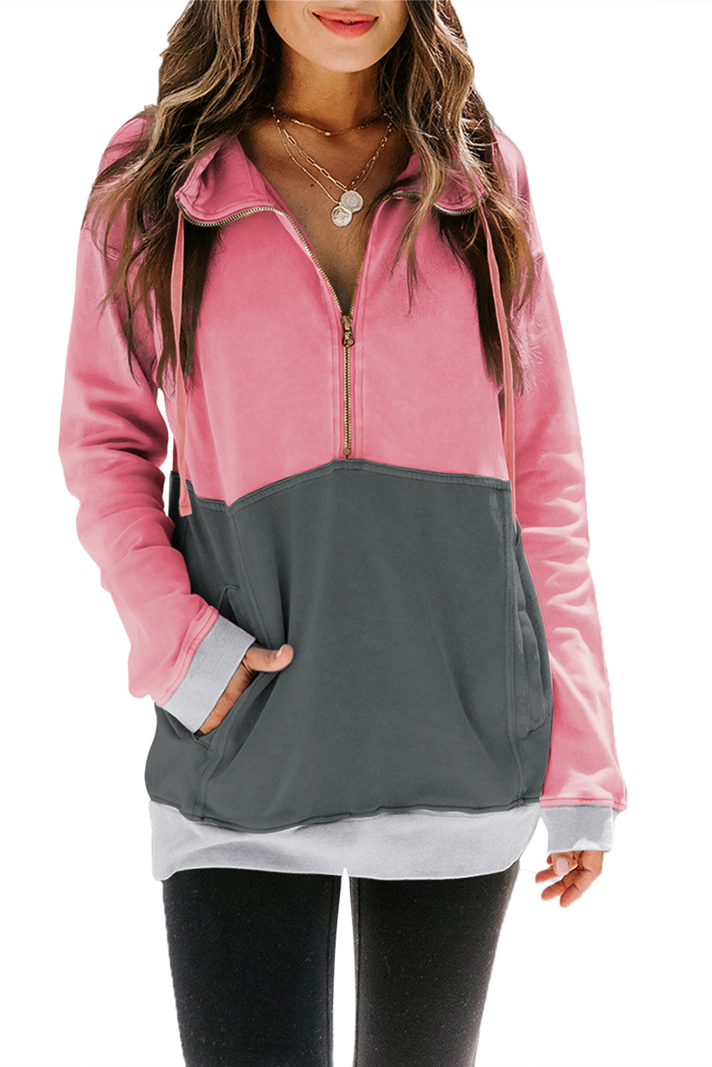 Pink Zipped Colorblock Sweatshirt with Pockets