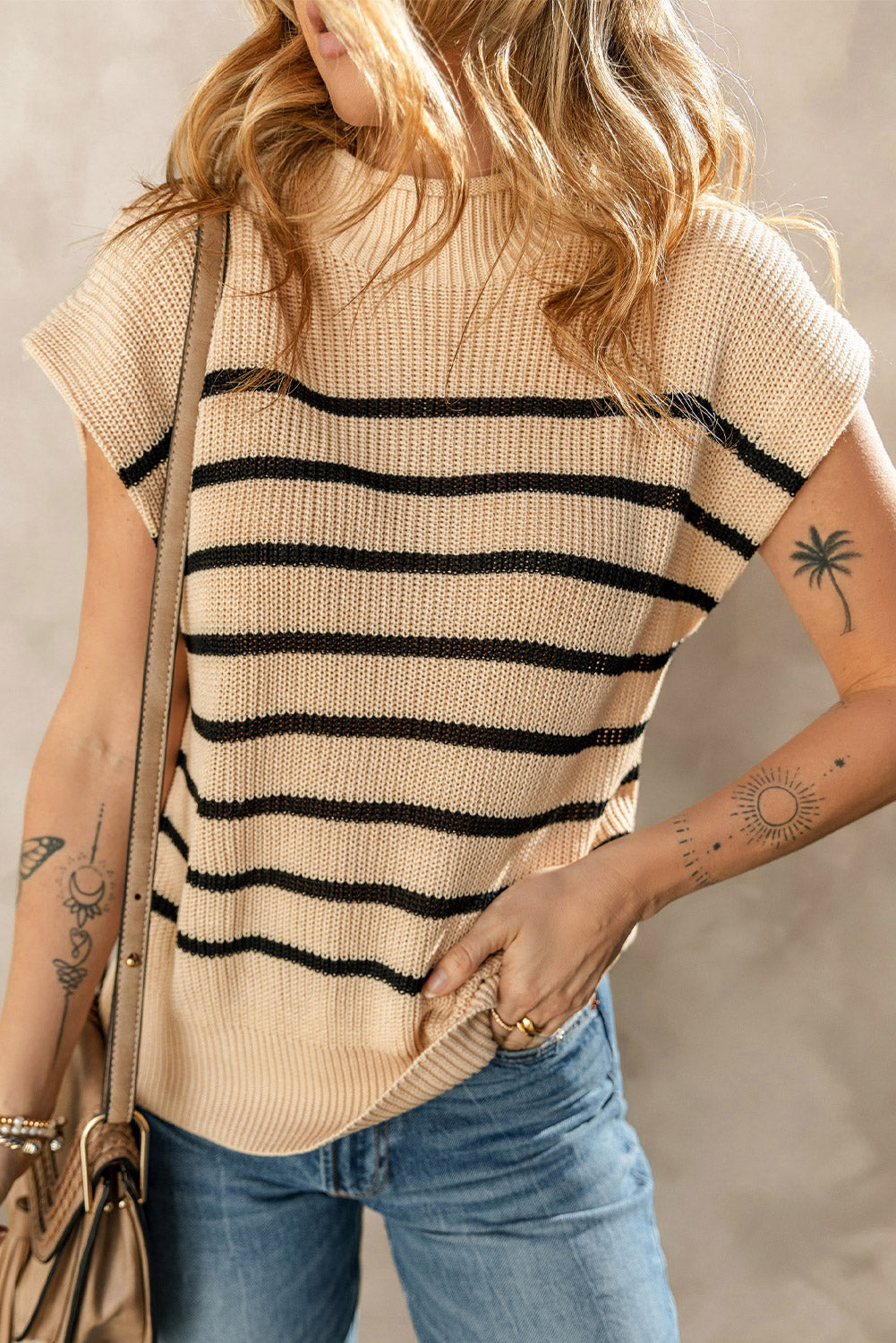 Parchment Striped Ribbed Knit High Neck Sweater