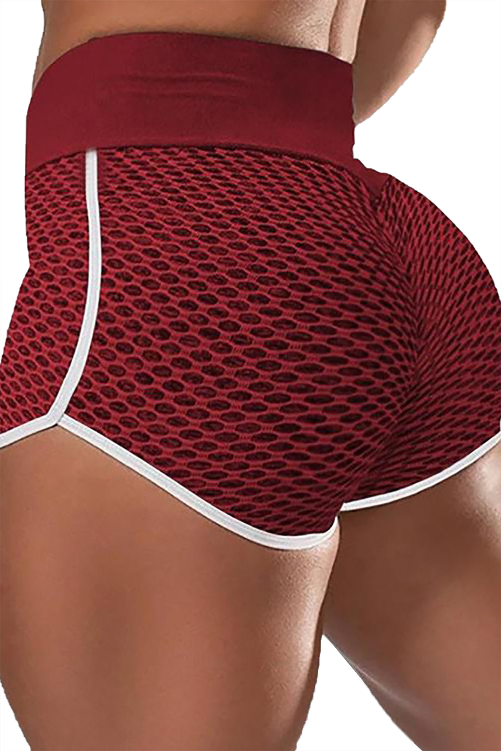 Burgundy High Waist Honeycomb Contrast Stripes Butt Lifting Yoga Shorts