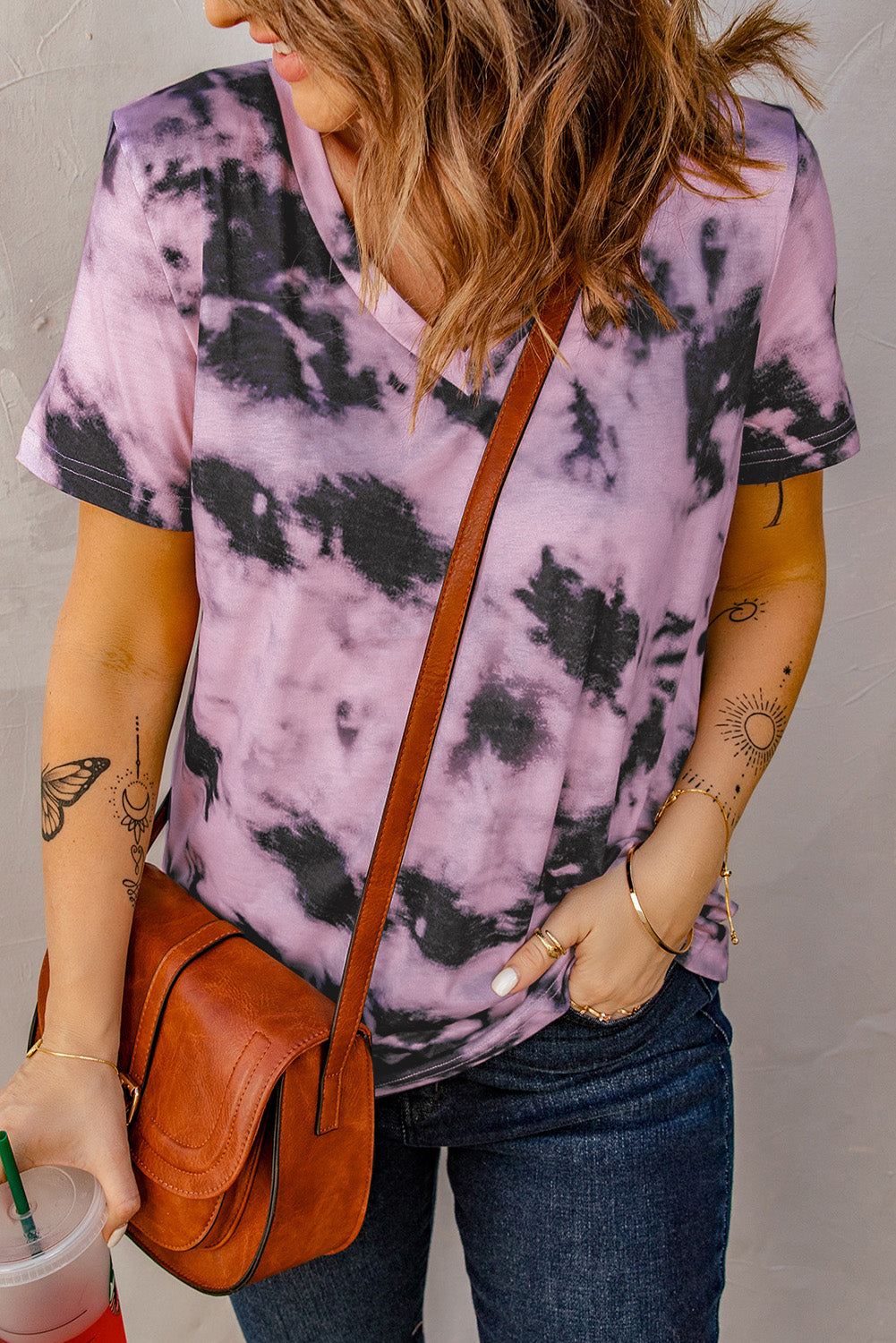 Purple Tie-dye V Neck T-shirt