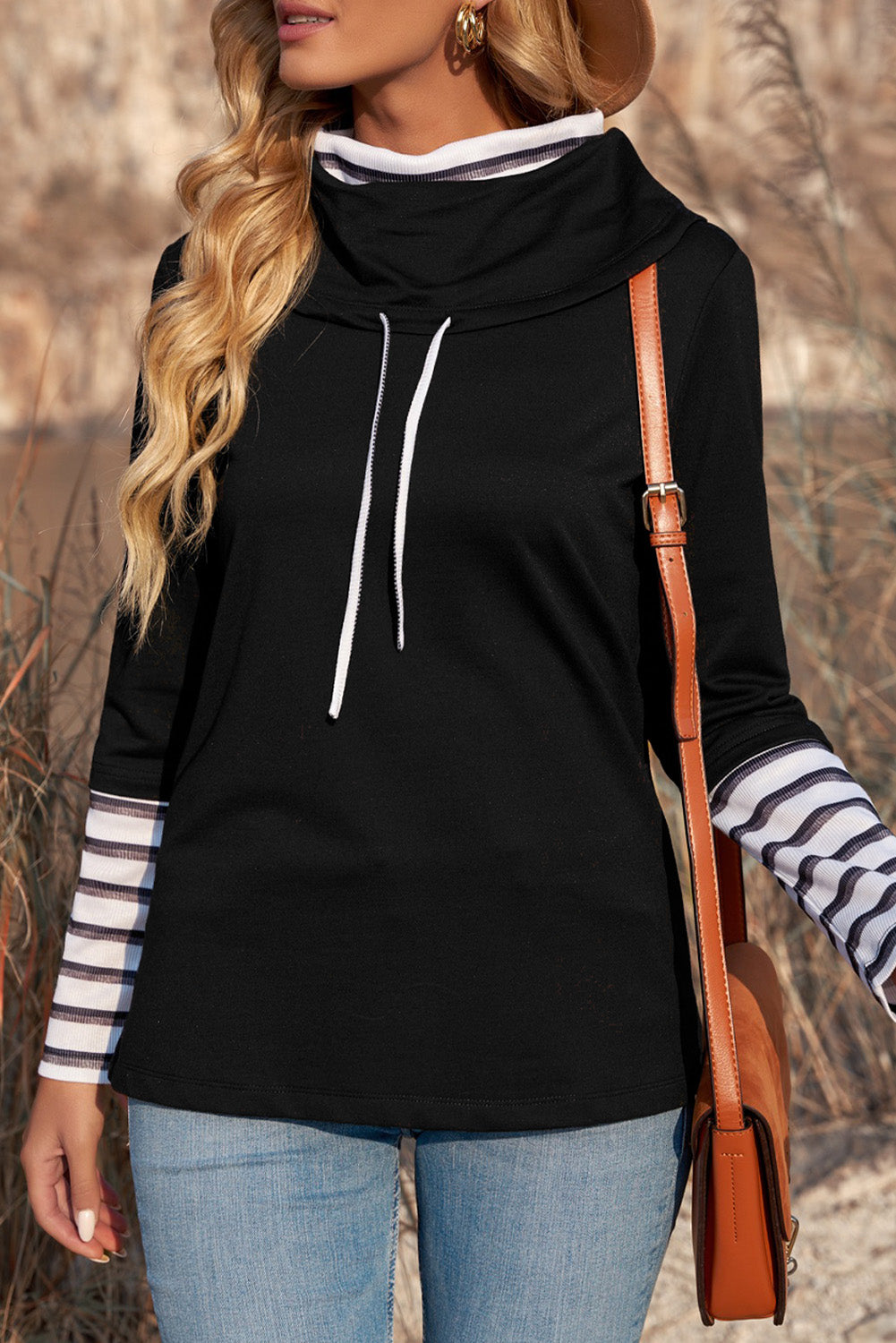 Striped Splicing High Neck Sweatshirt