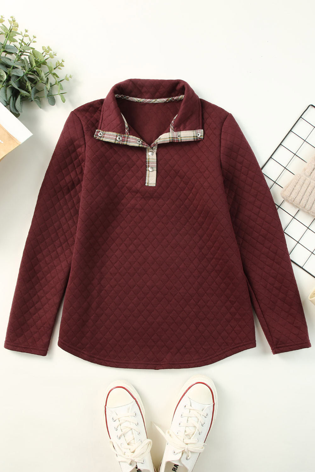 Fiery Red Geometric Texture Plaid Trim Sweatshirt