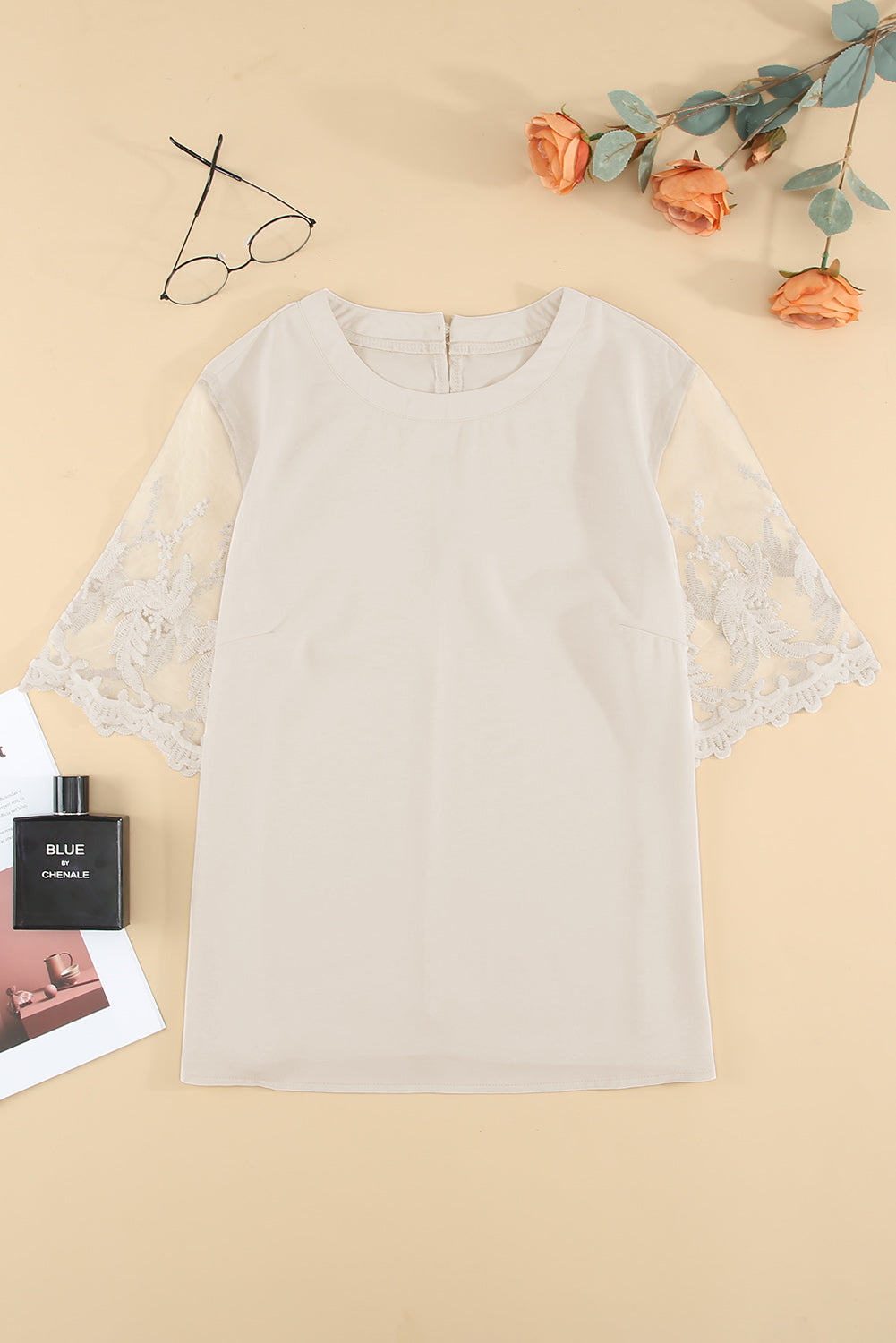 White Floral Lace Sleeve Patchwork Top