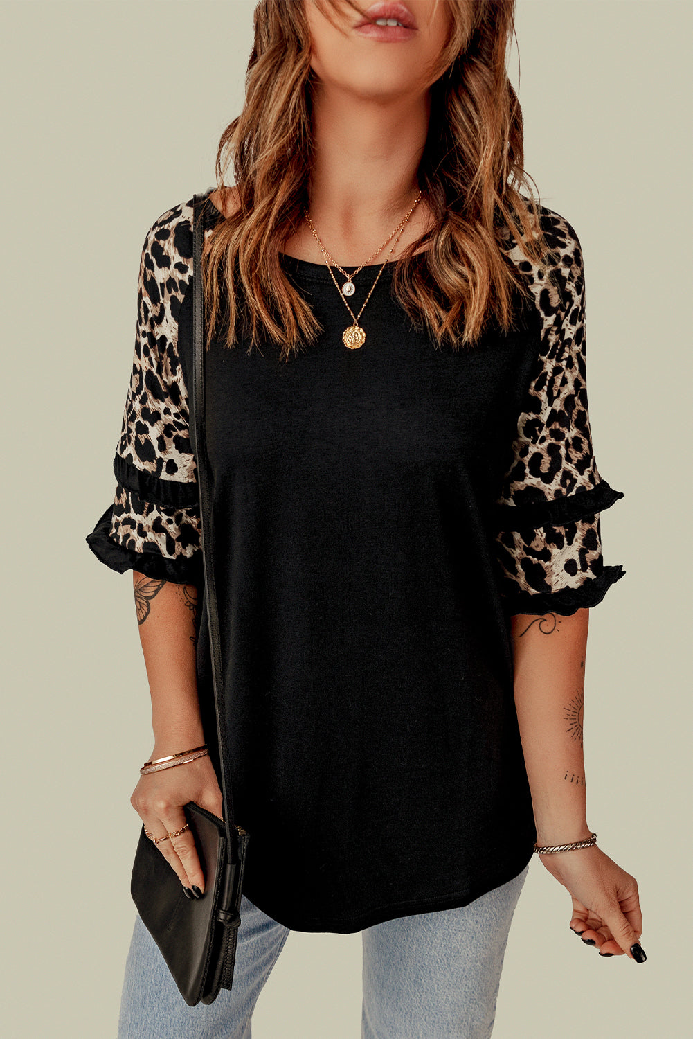 Black Ruffled Leopard Sleeve Patchwork Top