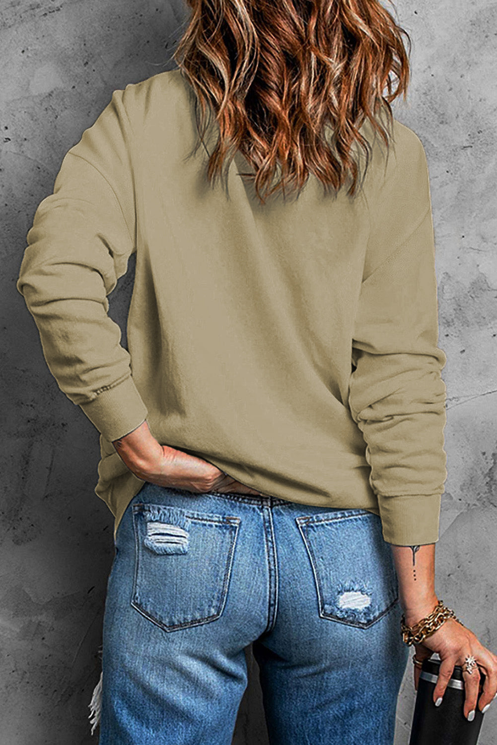 Khaki Plain Crew Neck Pullover Sweatshirt