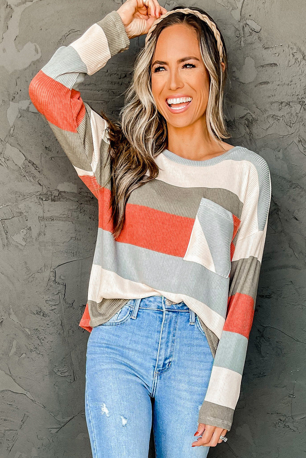 Red Striped Colorblock Ribbed Knit Top with Pocket