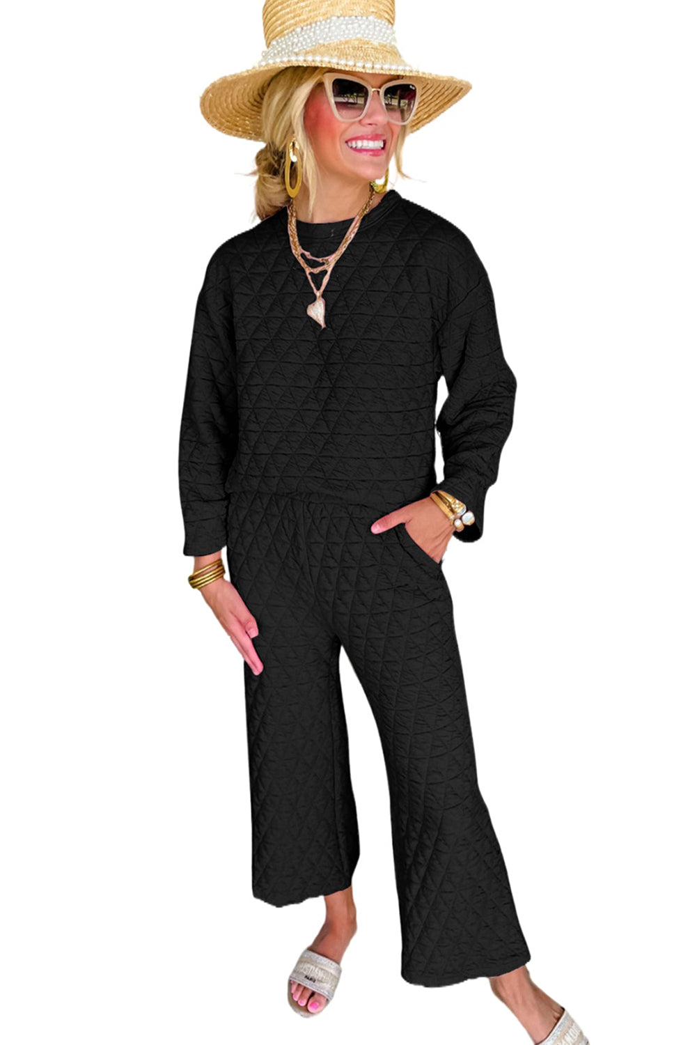 Black Solid Quilted Pullover and Pants Outfit