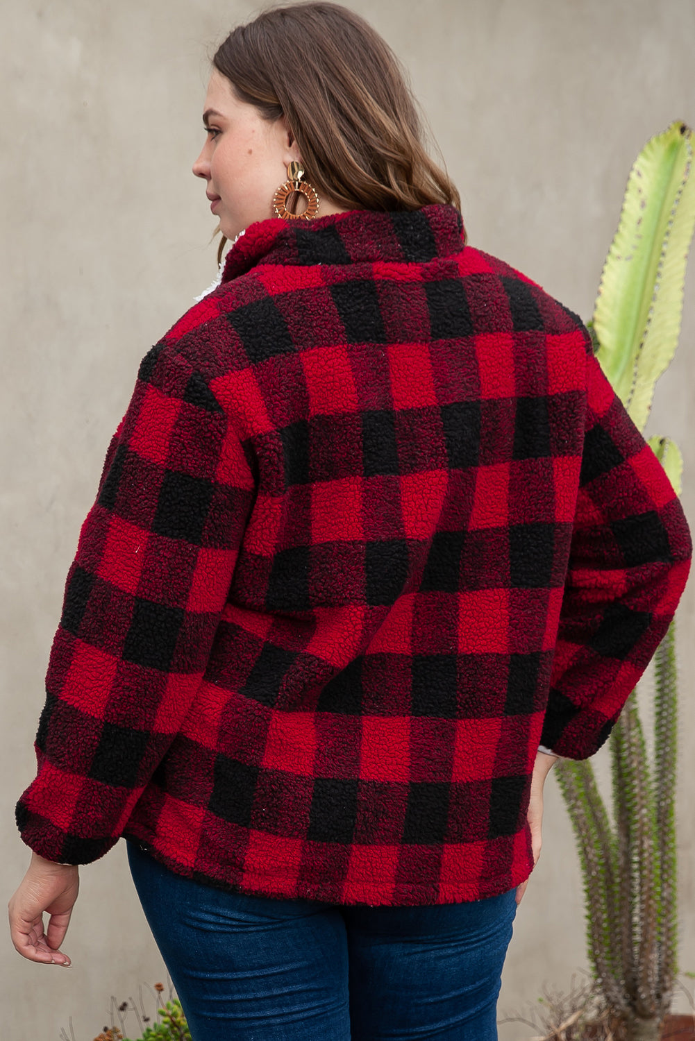 Fiery Red Plus Size Buffalo Plaid Sherpa Henley Sweatshirt