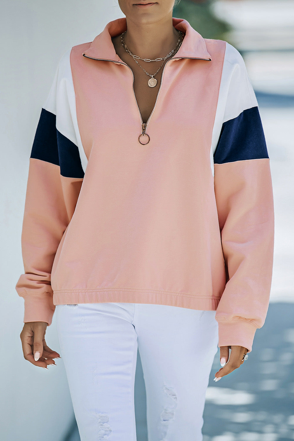 Pink Color Block Patch Bicep Quarter Zip Sweatshirt