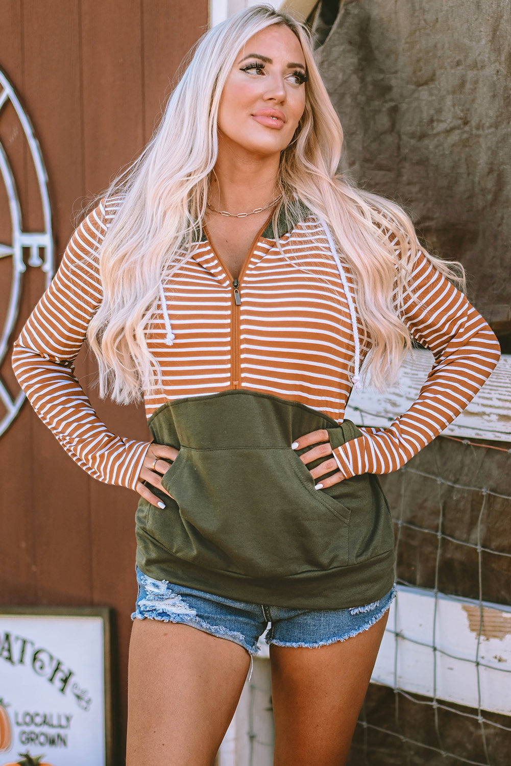 Orange Striped Color Block Patchwork Thumbhole Sleeve Hoodie