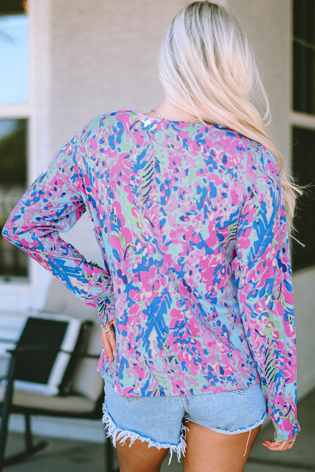 Multicolor Printed Wide Neck Thumbhole Sleeve Henley Top