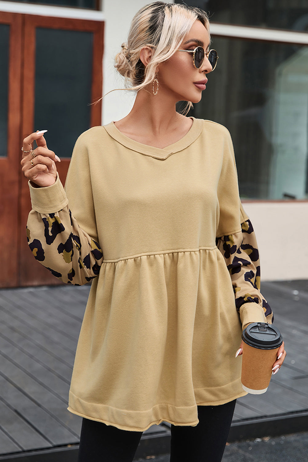 Khaki Leopard Splicing Sleeve Ruffle Loose Sweatshirt