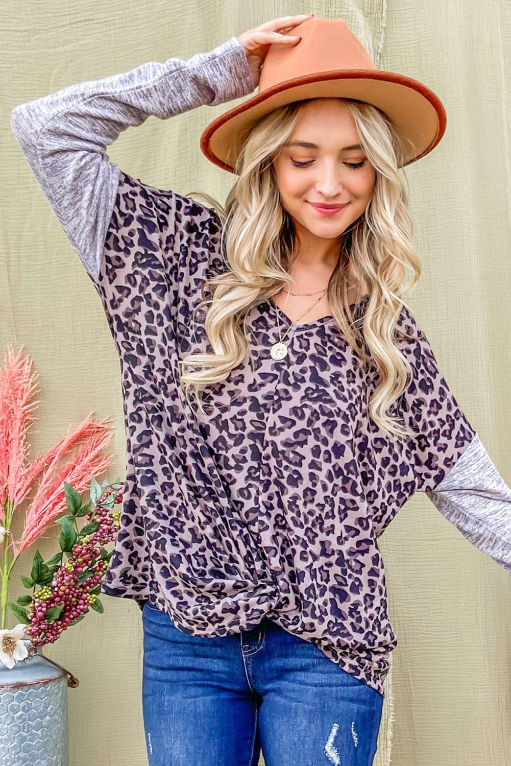 Leopard Print Drop Shoulder Patchwork Sleeve Top