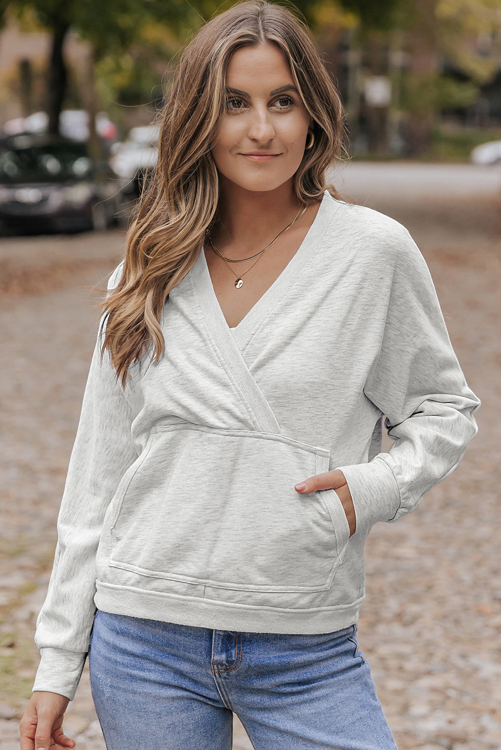 Gray Contrast Trim V Neck Wrap Sweatshirt with Pocket