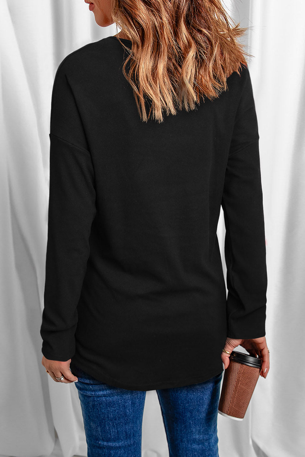 Black Solid Color V Neck Long Sleeve Knit Top