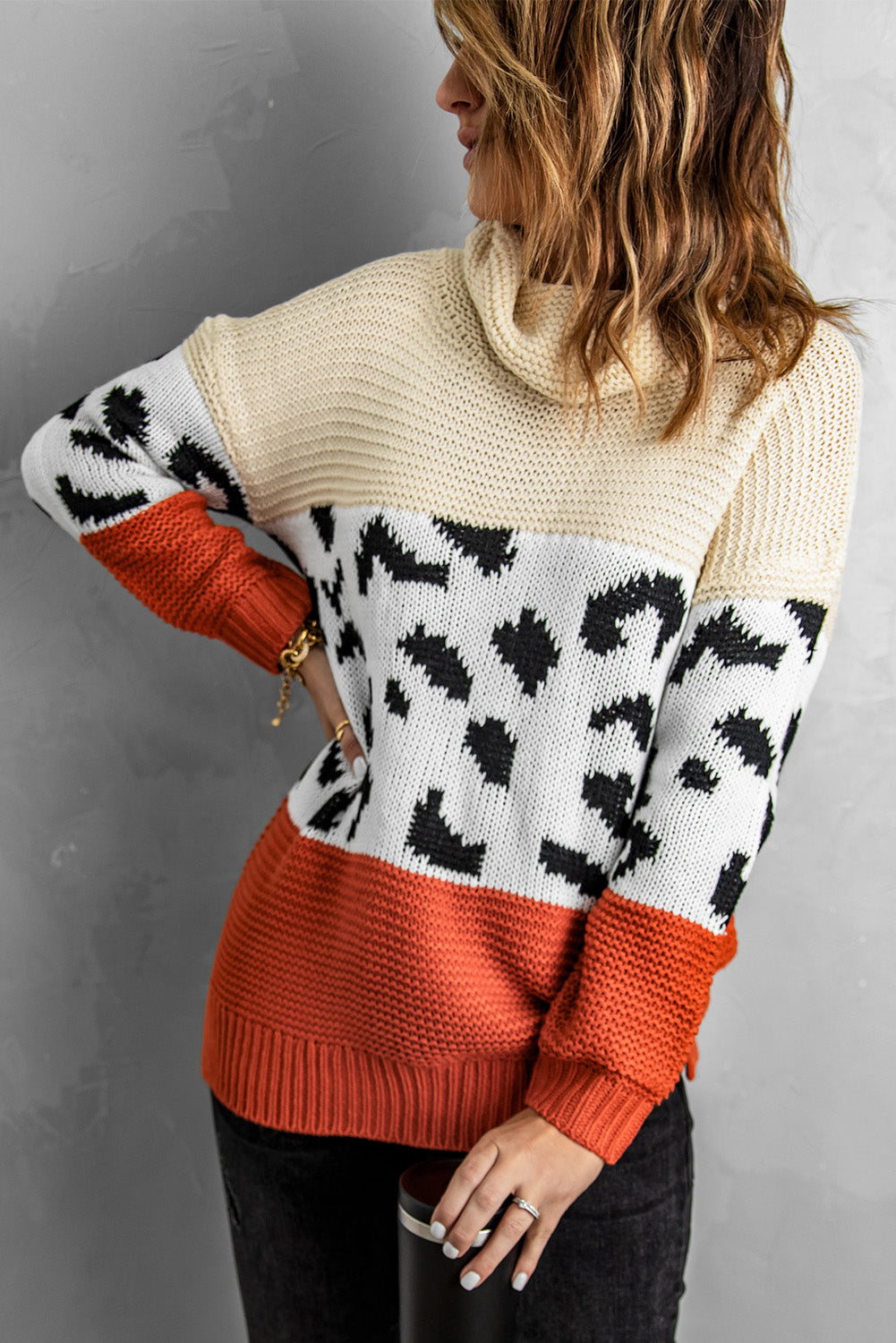 Apricot Turtleneck Splicing Chunky Knit Pullover Sweater