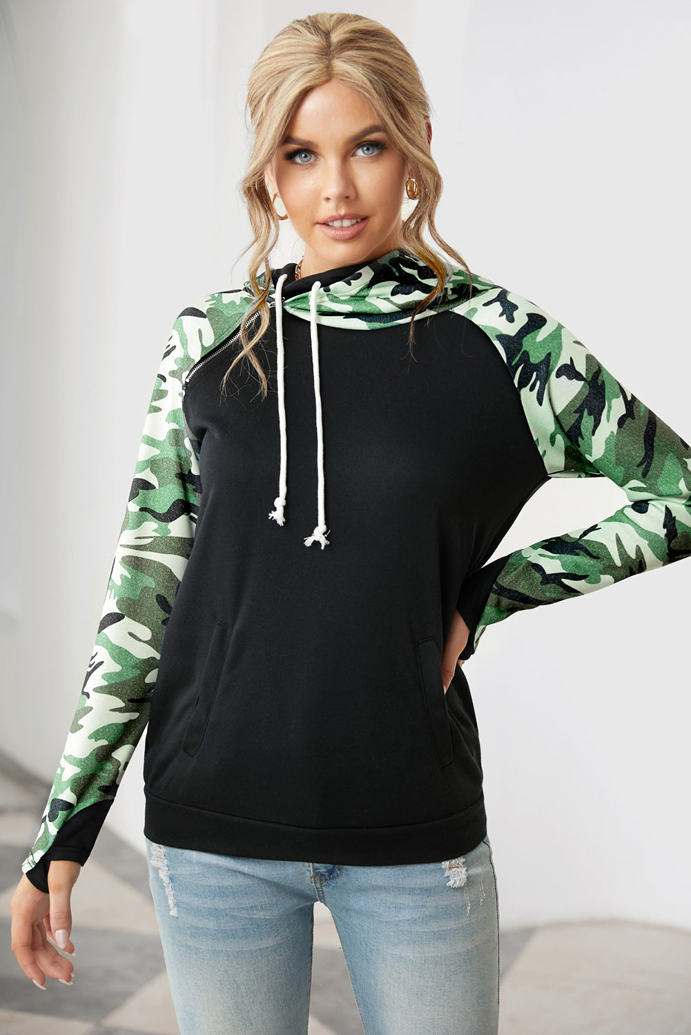 Camouflage Print Raglan Sleeve Hoodie