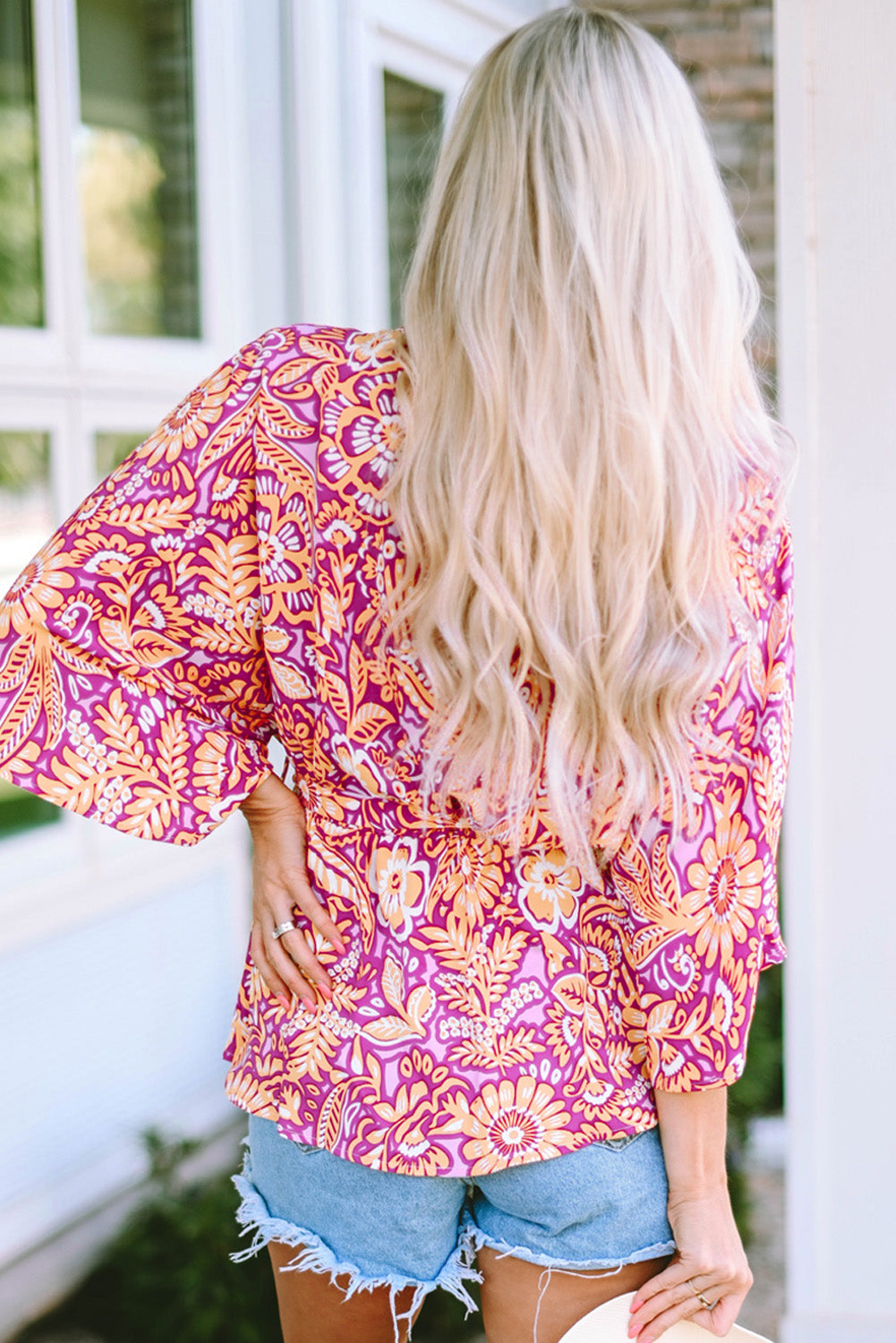 Boho Floral Print Belted Surplice Blouse