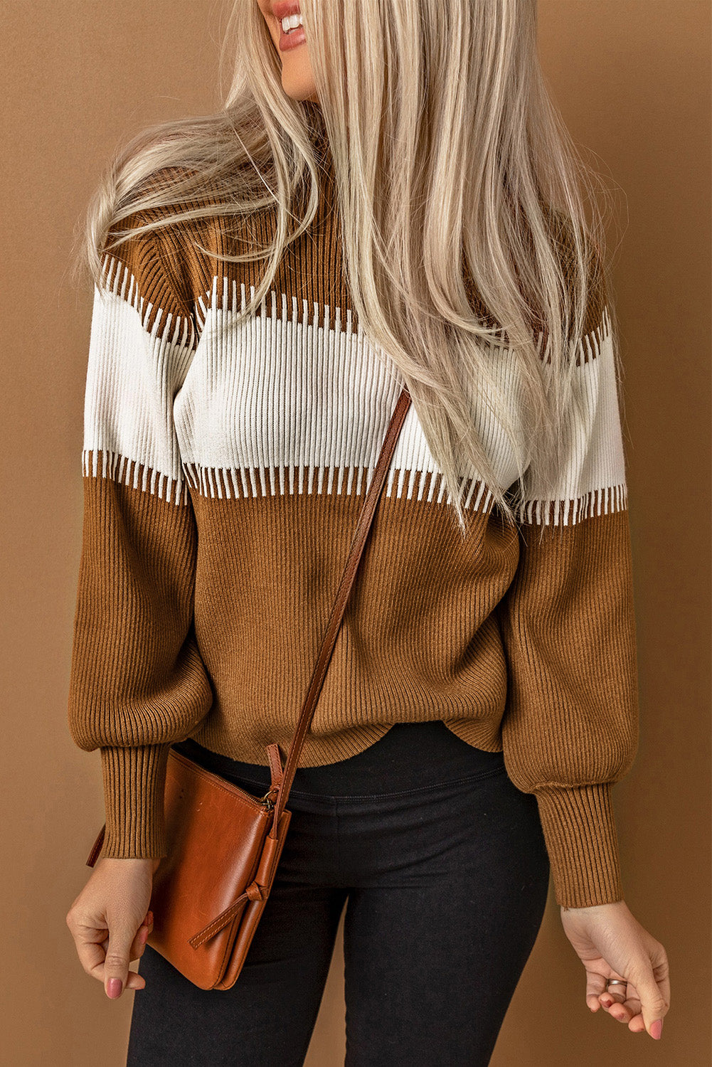 Brown Color Block High Neck Pullover Sweater