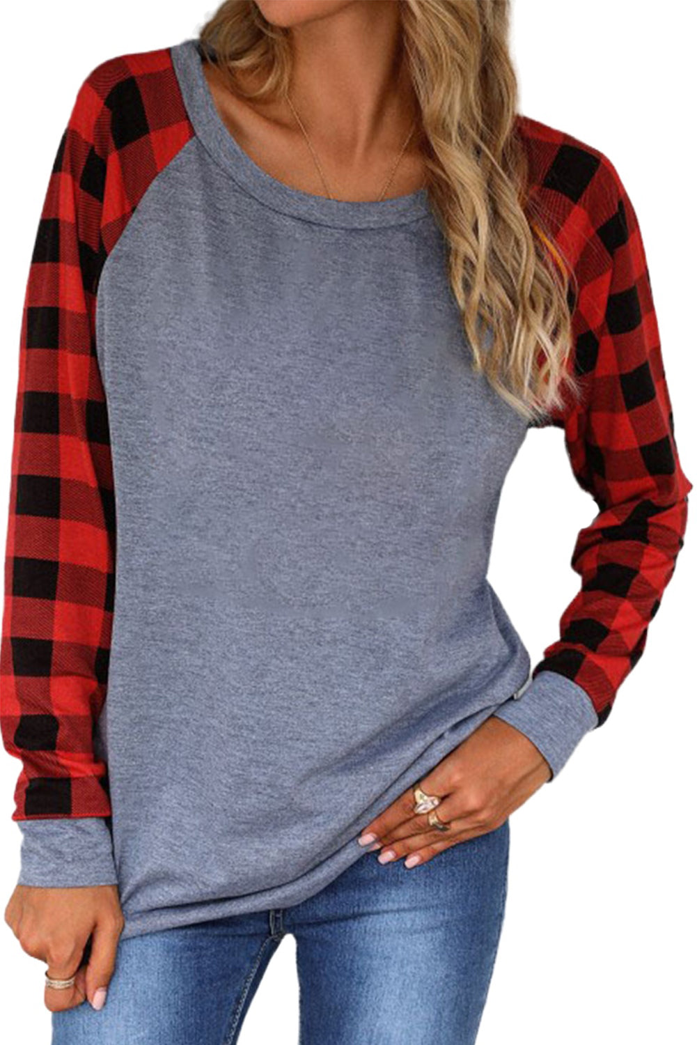 Fiery Red Plaid Raglan Long Sleeve Top