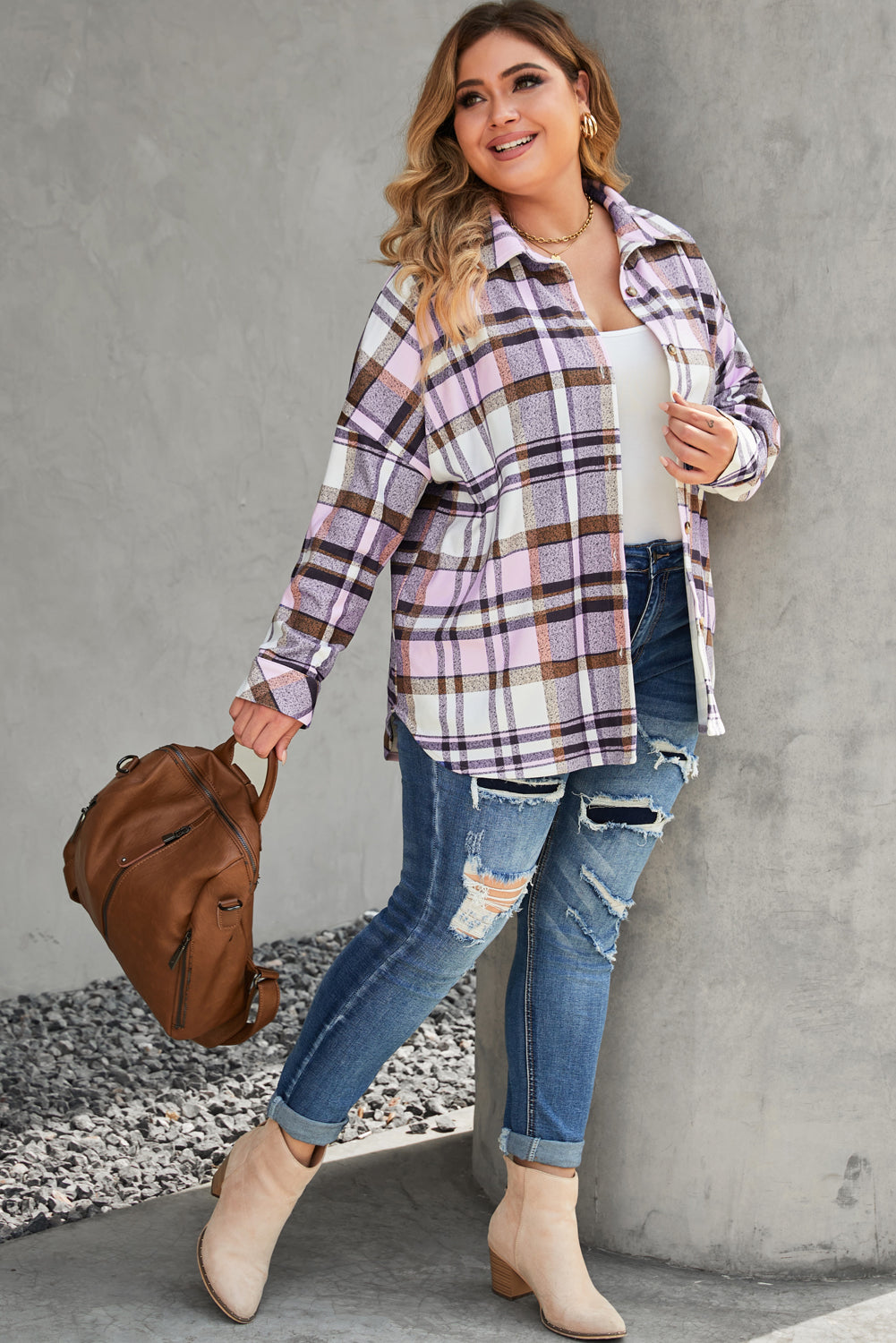 Pink Plus Size Plaid Fringed Back Button Shacket