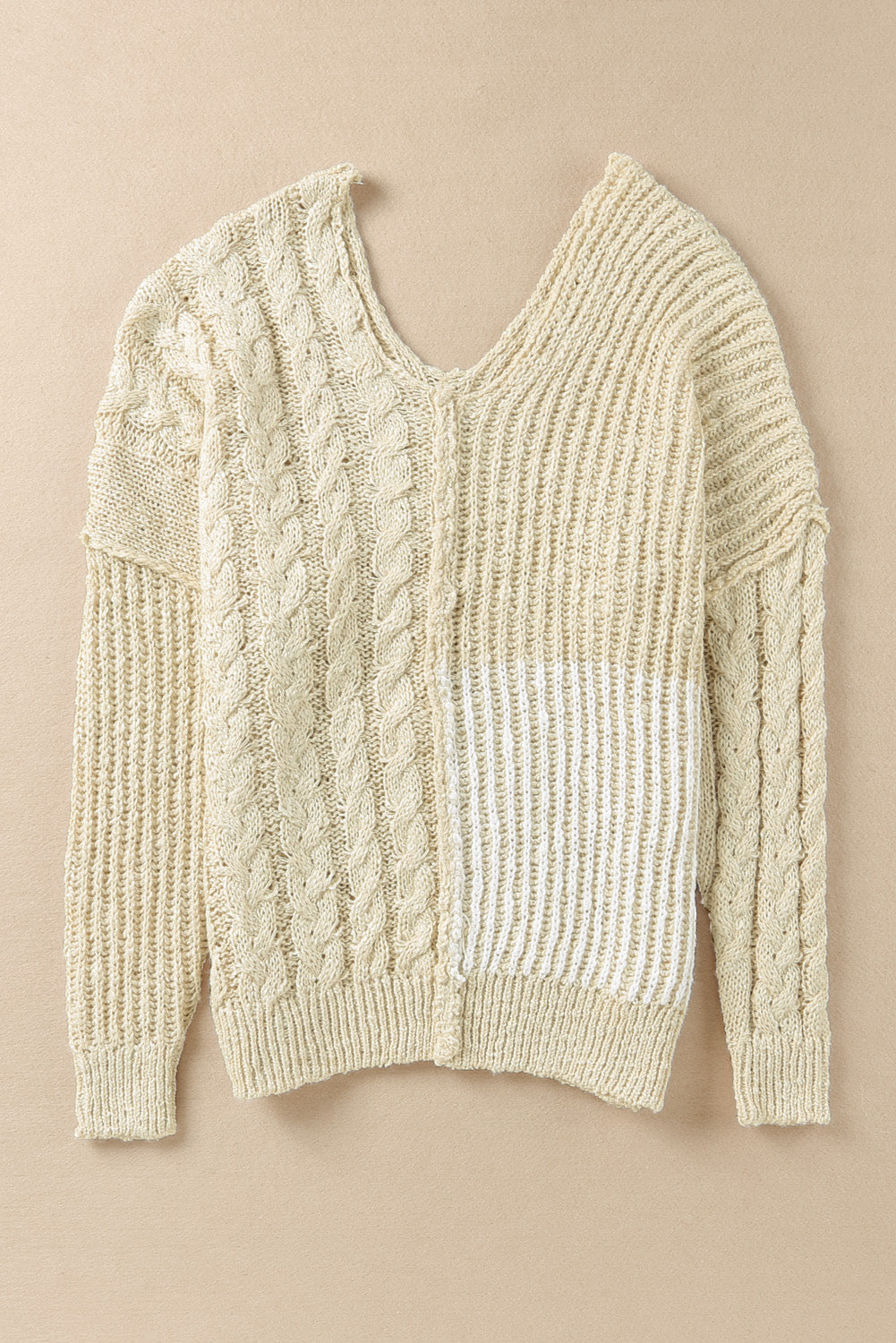 Beige V Neck Loose Knit Sweater